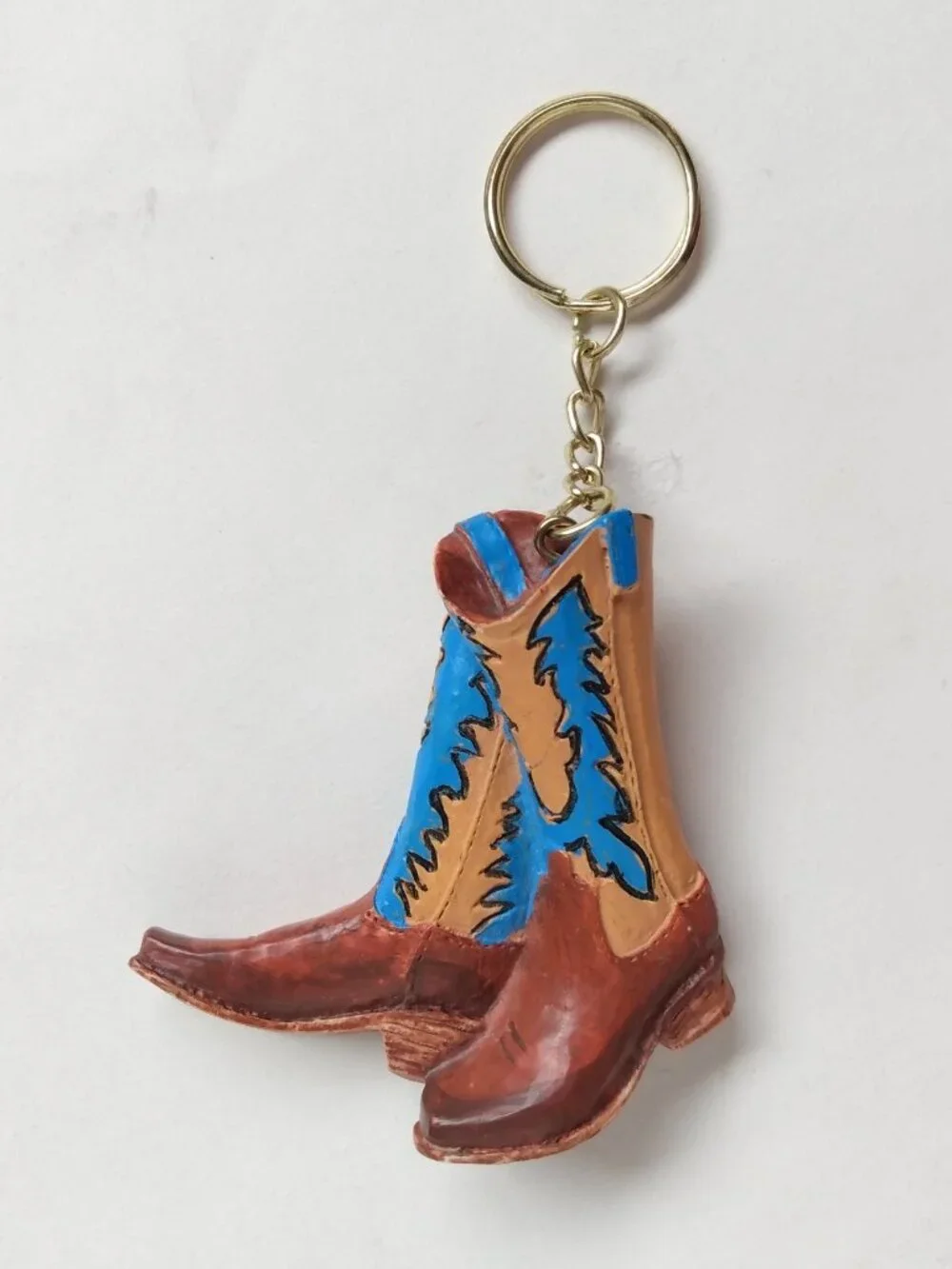 Vtg Tiny Pair of Cowboy Boots Keychain Keyring Hand Painted Blue Brown Western